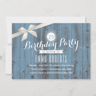 Rusty Blue Classy Ivory Ribbon Birthday Party Invitation