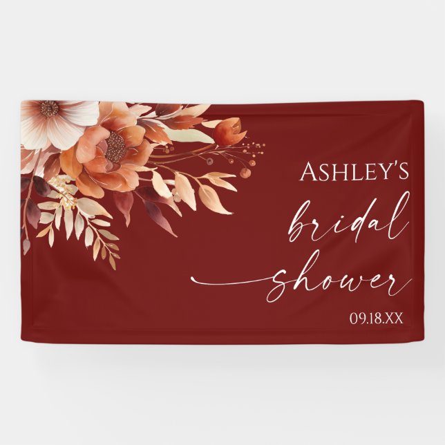 Rusty Burgundy Brown Floral Flower Bridal Shower Banner (Horizontal)