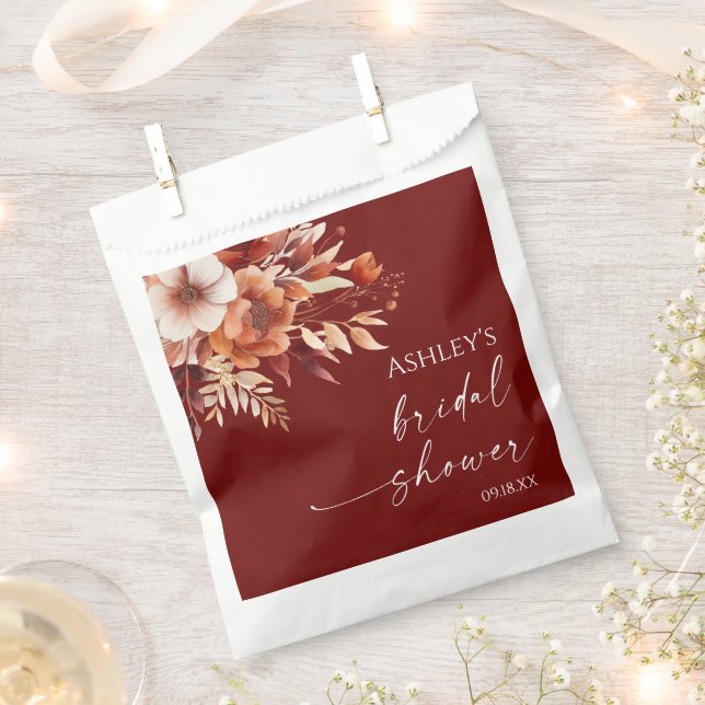 Rusty Burgundy Brown Floral Flower Bridal Shower Favour Bag (Clipped)