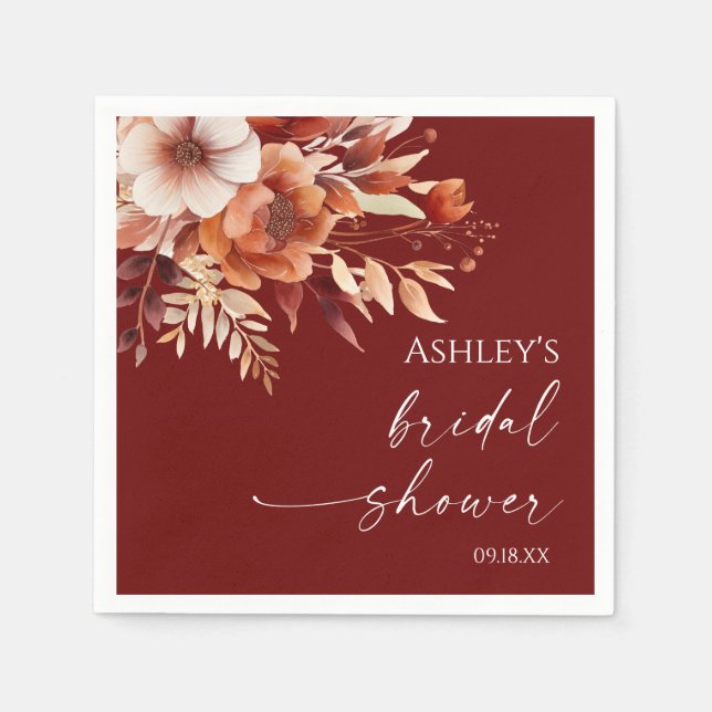Rusty Burgundy Brown Floral Flower Bridal Shower Napkin (Front)