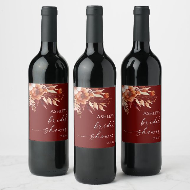 Rusty Burgundy Brown Floral Flower Bridal Shower Wine Label (Bottles)