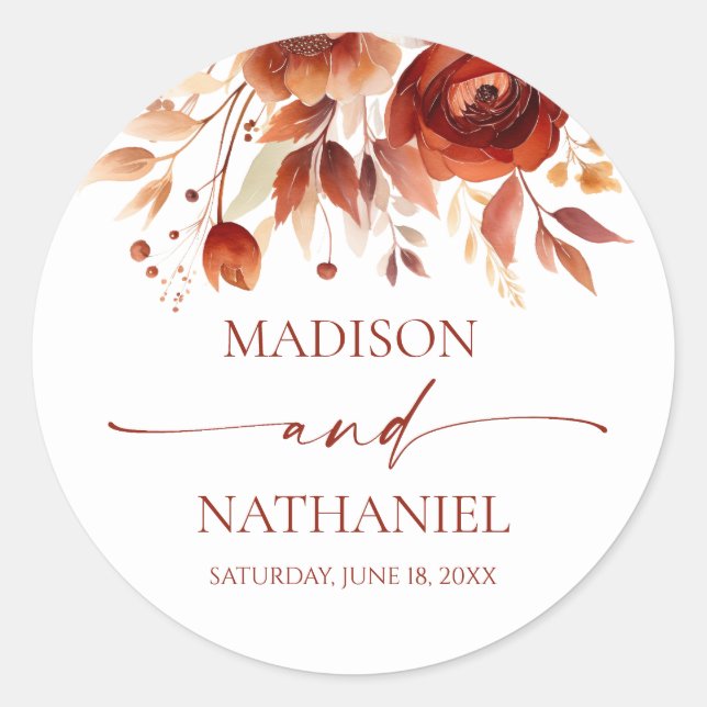 Rusty Burgundy Brown Floral Flower Wedding Classic Round Sticker (Front)