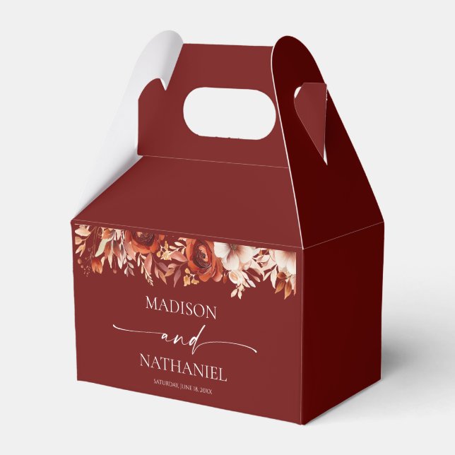Rusty Burgundy Brown Floral Flower Wedding Favor Box (Front Side)
