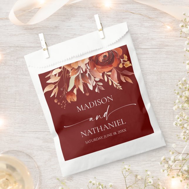 Rusty Burgundy Brown Floral Flower Wedding Favour Bag (Clipped)