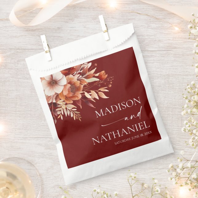 Rusty Burgundy Brown Floral Flower Wedding Favour Bag (Clipped)