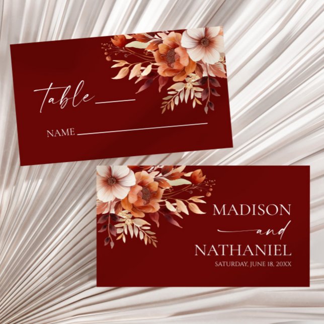 Rusty Burgundy Brown Floral Flower Wedding Place Card (Creator Uploaded)