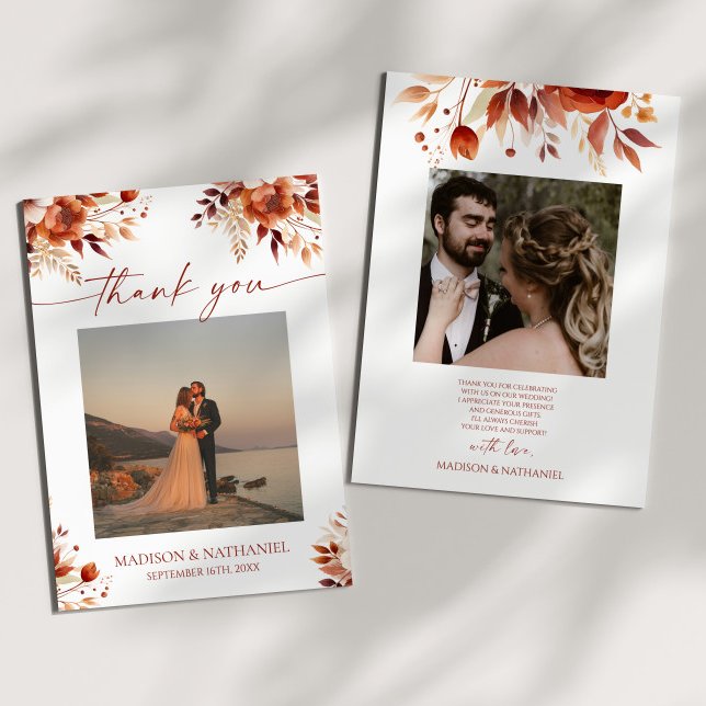 Rusty Burgundy Brown Floral Flower Wedding Thank You Card (Creator Uploaded)