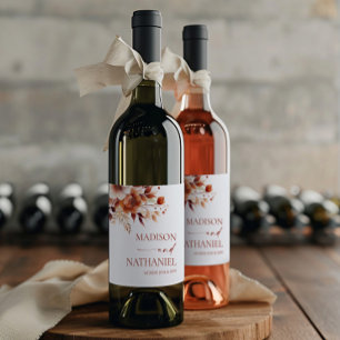 Rusty Burgundy Brown Floral Flower Wedding Wine Label