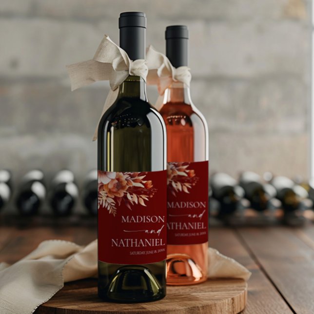 Rusty Burgundy Brown Floral Flower Wedding Wine Label (Creator Uploaded)