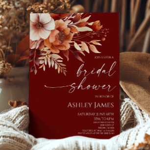 Rusty Burgundy Brown Floral Flowers Bridal Shower Invitation