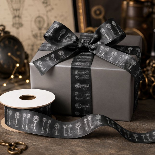 Rusty Chalkboard Victorian steampunk skeleton keys Satin Ribbon (Rusty Chalkboard Victorian steampunk skeleton keys Satin Ribbon)