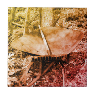 Rusty Garden Tools Distressed Black And White  Tile