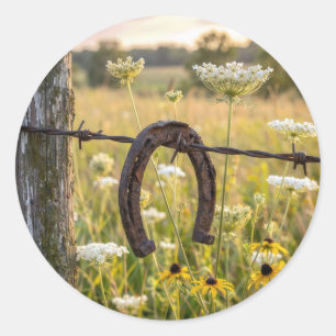 Rusty Horseshoe on Barbed Wire Fence Classic Round Sticker