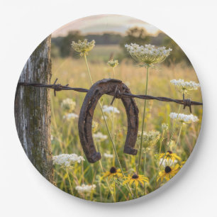 Rusty Horseshoe on Barbed Wire Fence Paper Plate