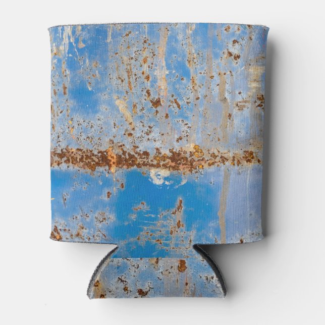 Rusty metal texture, blue scratchy decor. can cooler (Front)