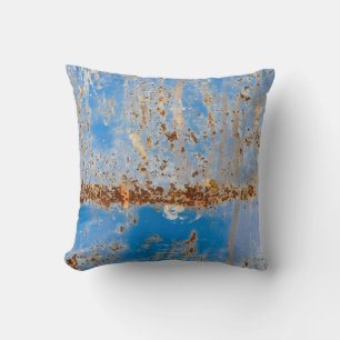 Rusty metal texture, blue scratchy decor. throw pillow