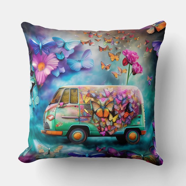 Rusty old Combi Van with Flowers Butterflies Throw Pillow (Front)