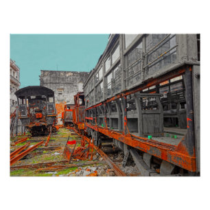 Rusty old locomotives and train wagons poster