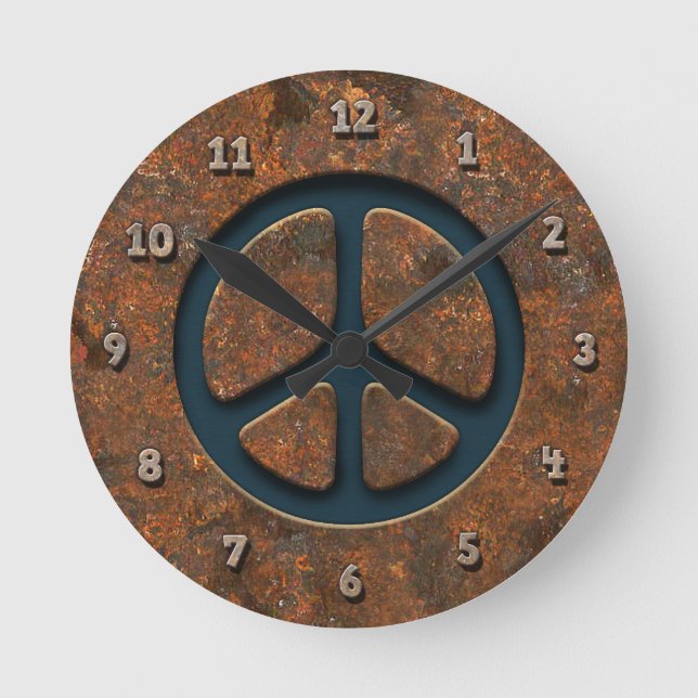 Rusty Peace Sign Round Clock (Front)