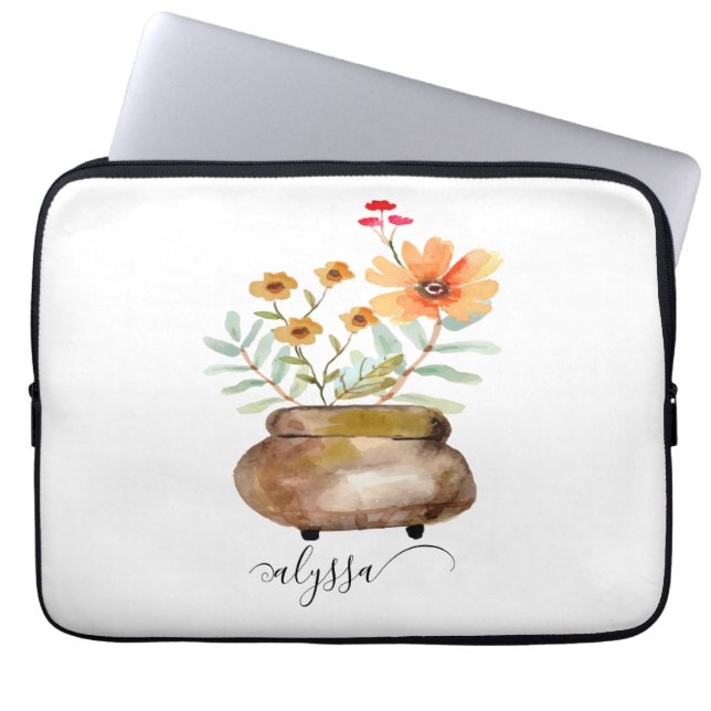 Rusty Pink Rose Flowers Trendy Script Name Laptop Sleeve (Front)
