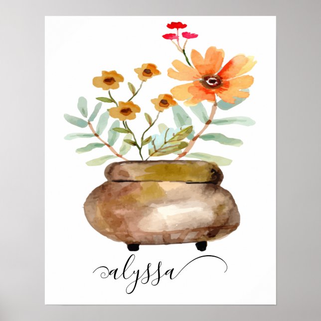 Rusty Pink Rose Flowers Trendy Script Name Poster (Front)