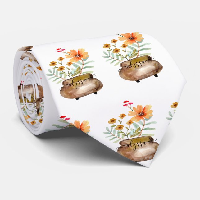 Rusty Pink Rose Flowers Trendy Script Name Tie (Rolled)