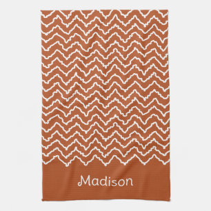 Rusty Red Terracotta Squiggly Chevron With Name Kitchen Towel