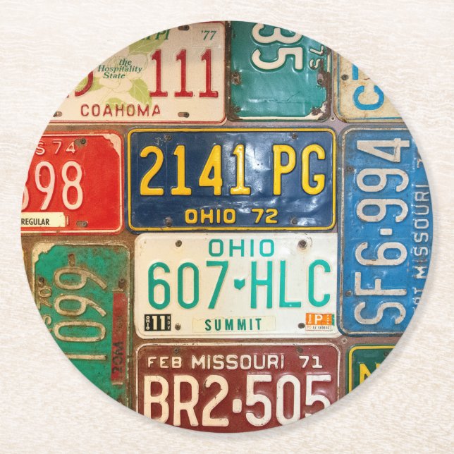 Rusty Retro License Plates Round Paper Coaster (Front)