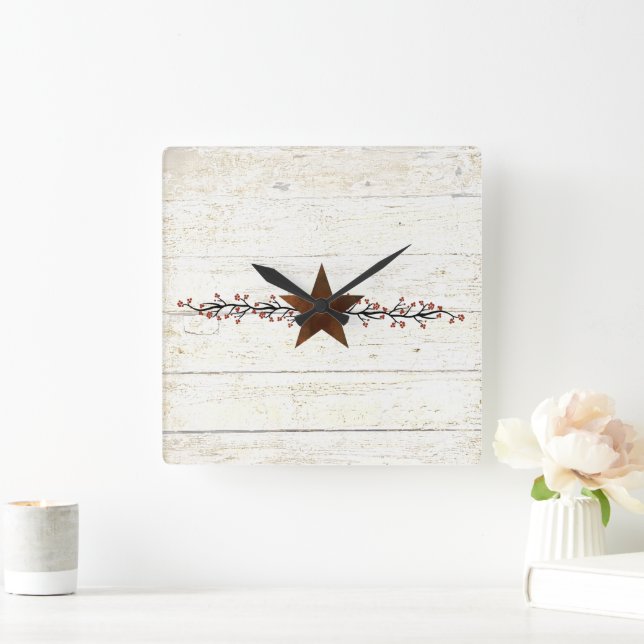Rusty star and berries square wall clock (Home)