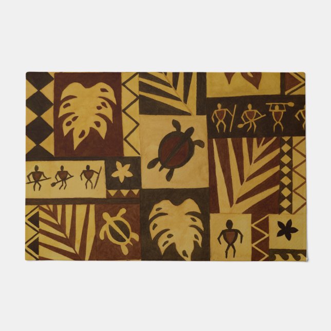 Rusty Tapa Hawaiian Petroglyph Warrior Door Mat (Front)