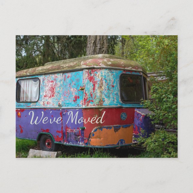 Rusty Trailer We Have Moved Postcard (Front)