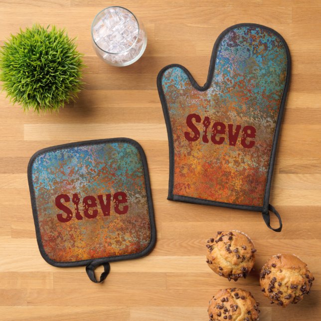 Rusty, Verdigris, Grunge Steampunk Personalized Oven Mitt & Pot Holder Set (Top Down)