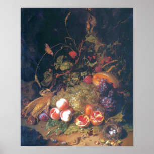 Ruysch - Still Life With Fruit, A Nest, Lizard Poster