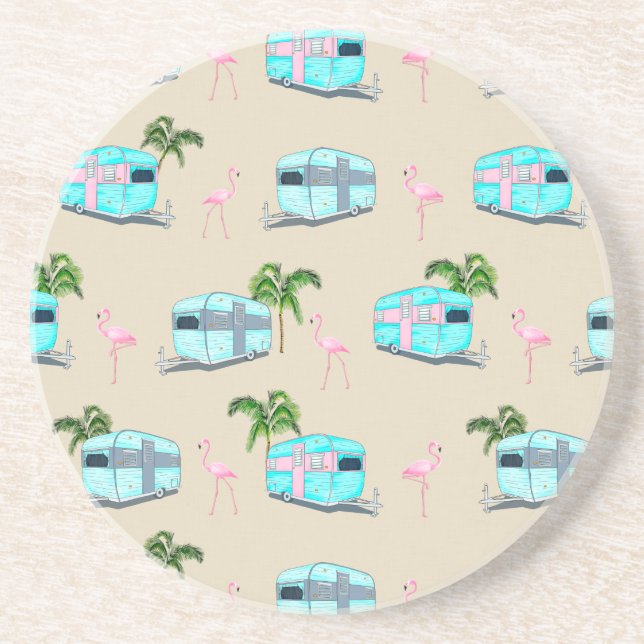 RV Beach Camping with Flamingos Coaster (Front)