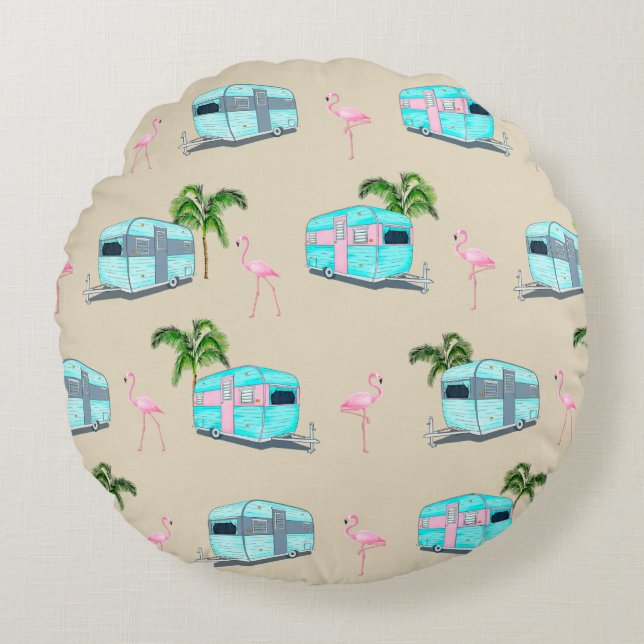 RV Beach Camping with Flamingos Round Pillow (Front)