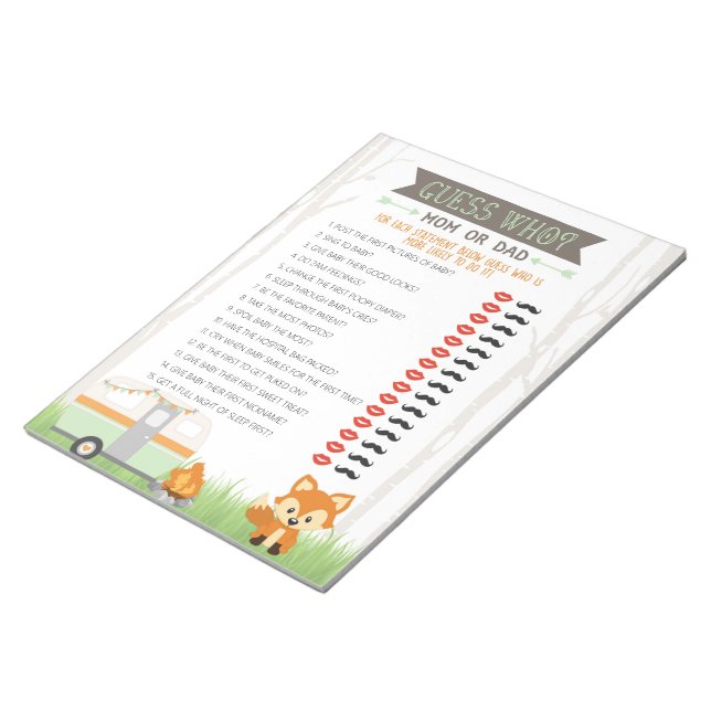 RV Camper Guess Who Woodland Baby Shower Game Pack Notepad (Angled)