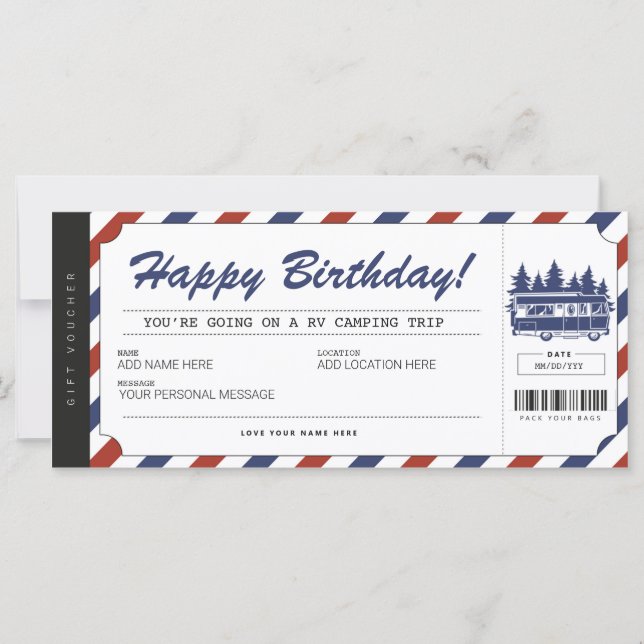 RV Camping Gift Voucher Summer Camp Certificate (Front)