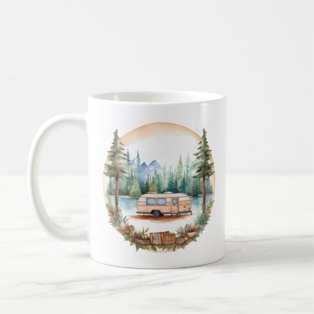 RV Camping in the Woods, RV camper Coffee Mug (Left)