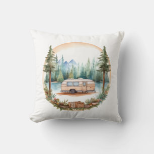 RV Camping in the Woods, RV camper Throw Pillow