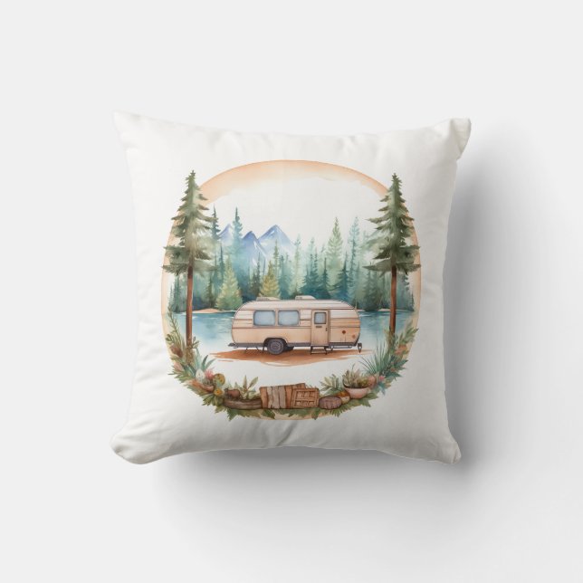 RV Camping in the Woods, RV camper Throw Pillow (Front)