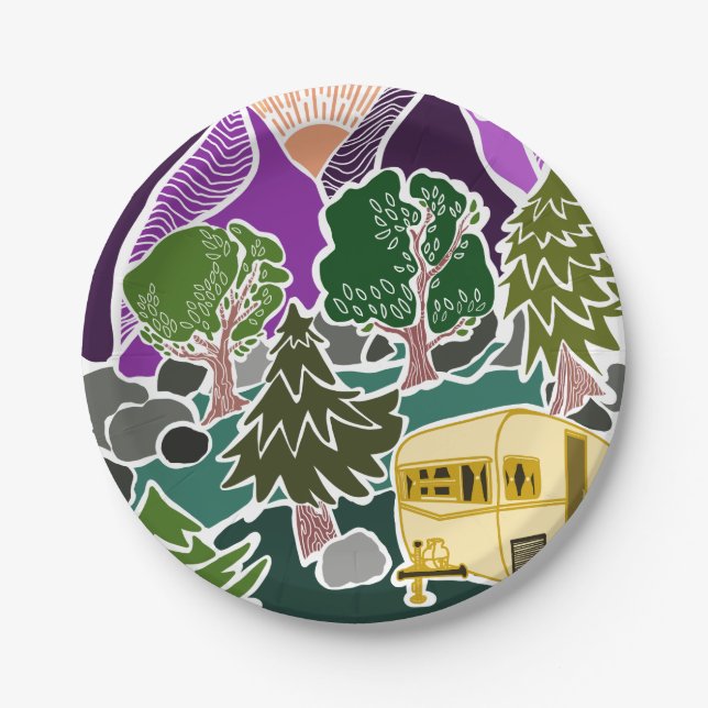 RV Camping Mountain Sun Scene Paper Plate (Front)