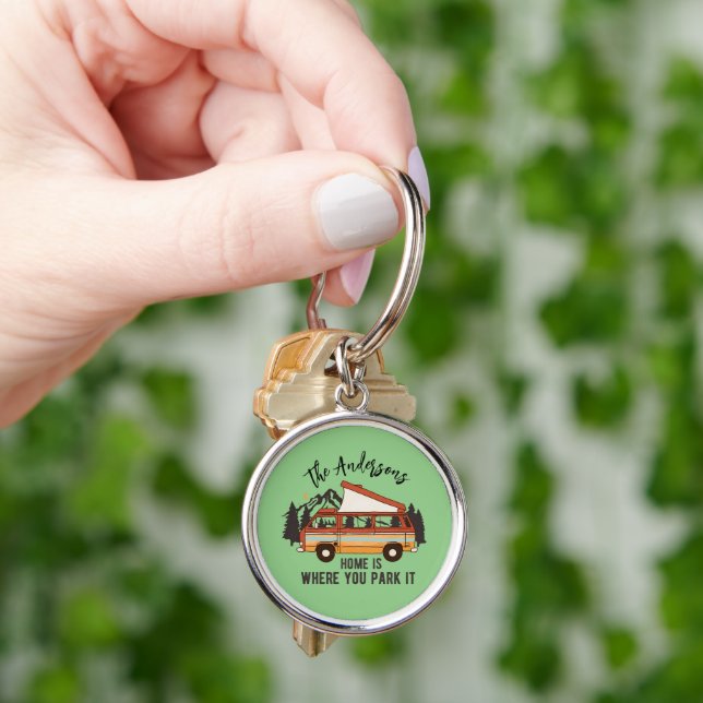 RV Camping Trailer Home is Where You Park It Keychain (Hand)