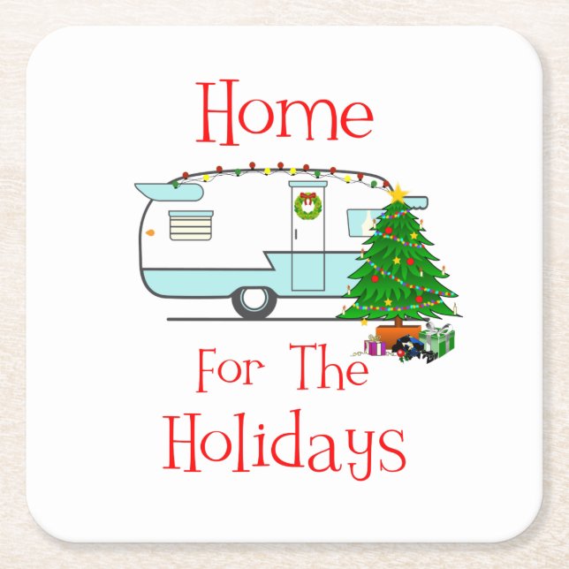 RV Home For The Holidays Square Paper Coaster (Front)