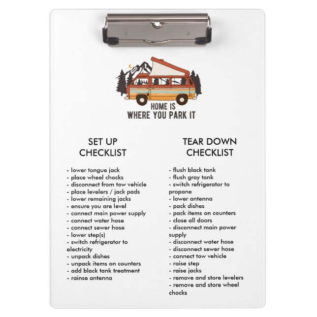 RV Trailer Editable Set Up and Tear Down Checklist Clipboard (Front)