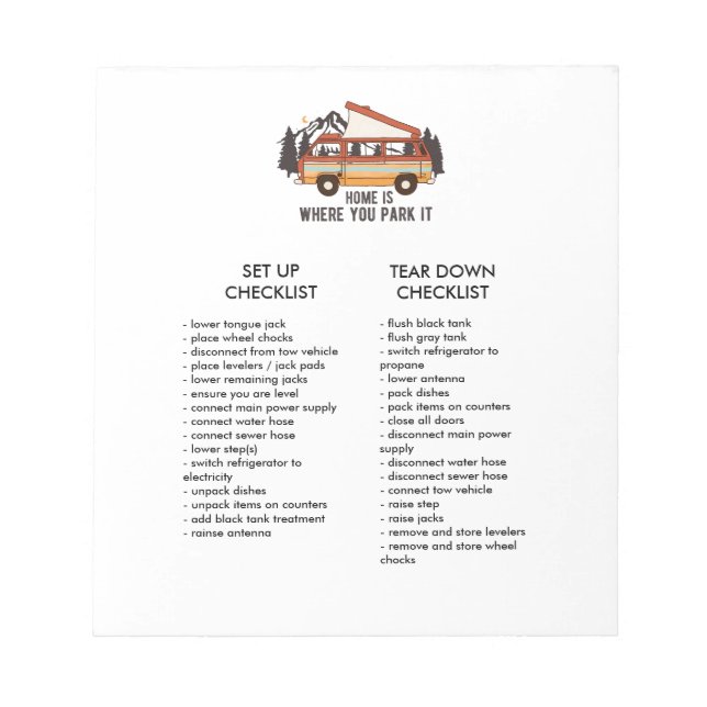 RV Trailer Editable Set Up and Tear Down Checklist Notepad (Front)