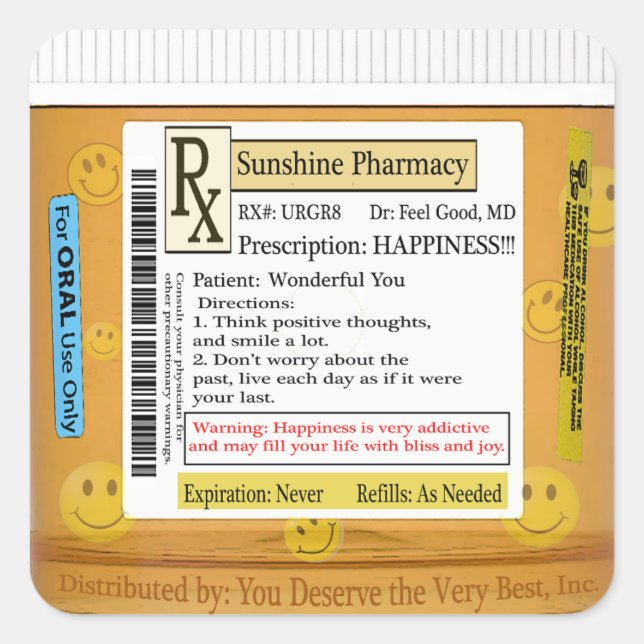 RX Funny Happiness Prescription Square Sticker (Front)