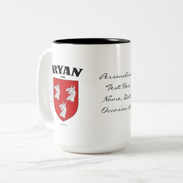 Ryan Family Crest, Translation & Meaning Two-Tone Coffee Mug (Front Left)