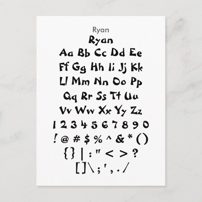 Ryan - Zazzle Font Sampler Sheet Postcard (Front)