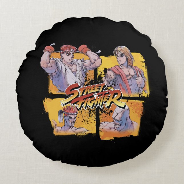 Ryu Vs Ken & Adon Vs Sagat Round Pillow (Front)