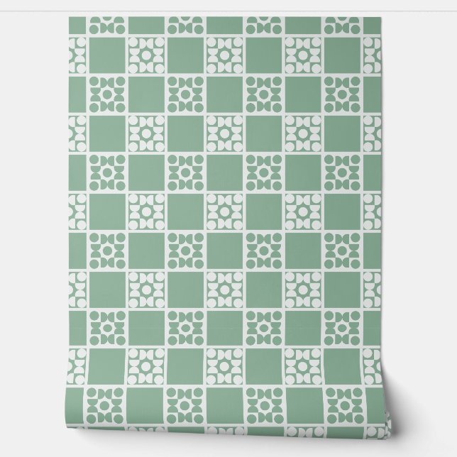(S) 2502223C Retro Geometric Tiles Green Wallpaper (Unrolling)